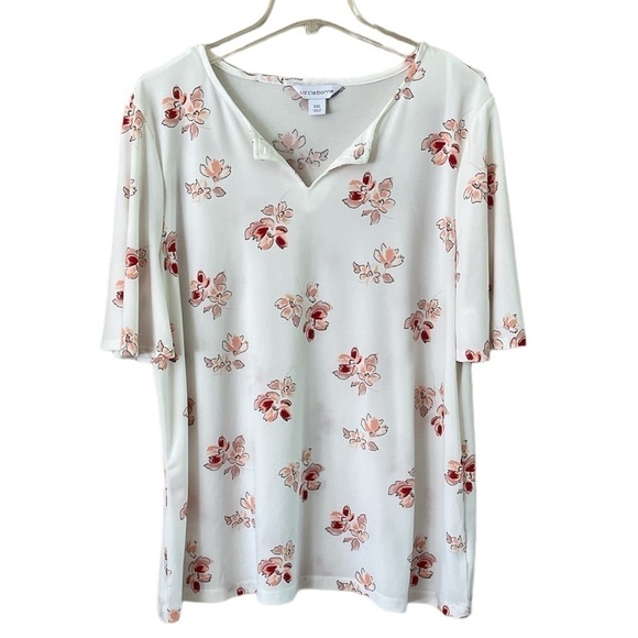 Liz Claiborne Blouse White Floral Print V Neck Opening Size XXL Short Sleeve - Picture 1 of 14